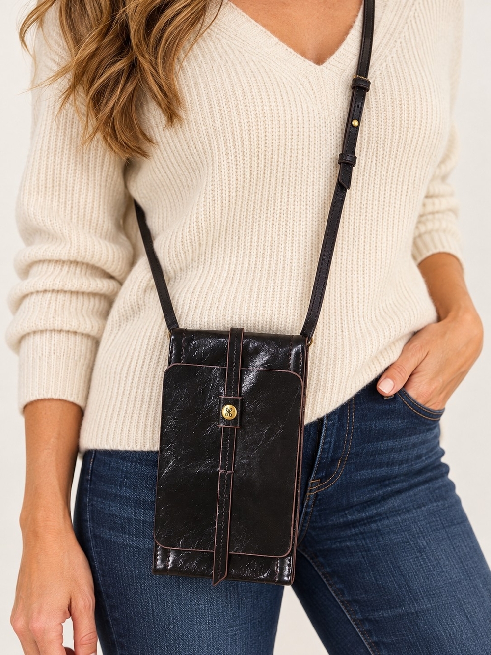 HOBO Black Patent Crossbody Phone Bag with Gold Accent